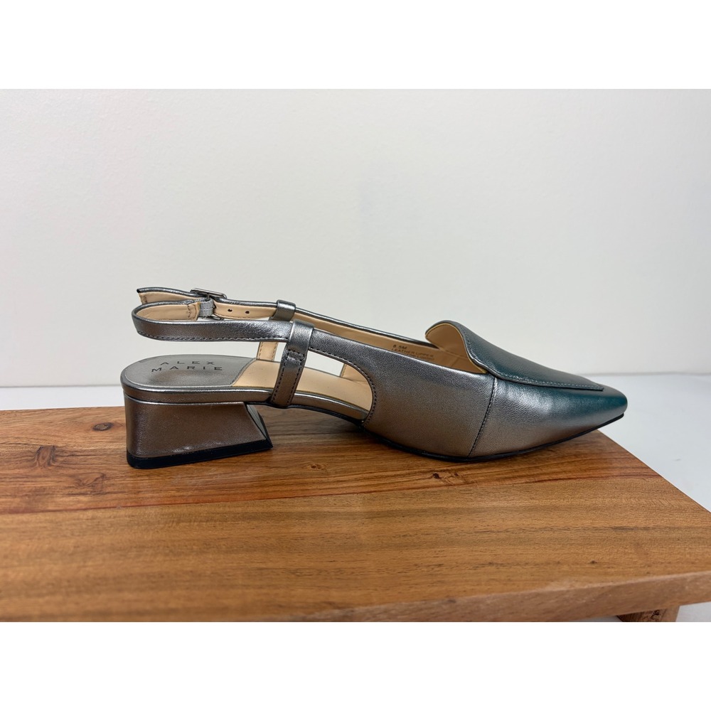 Alex Marie Slingback Pumps 8.5 Silver Metallic Leather Low Block Heel Closed Toe - Picture 5 of 12